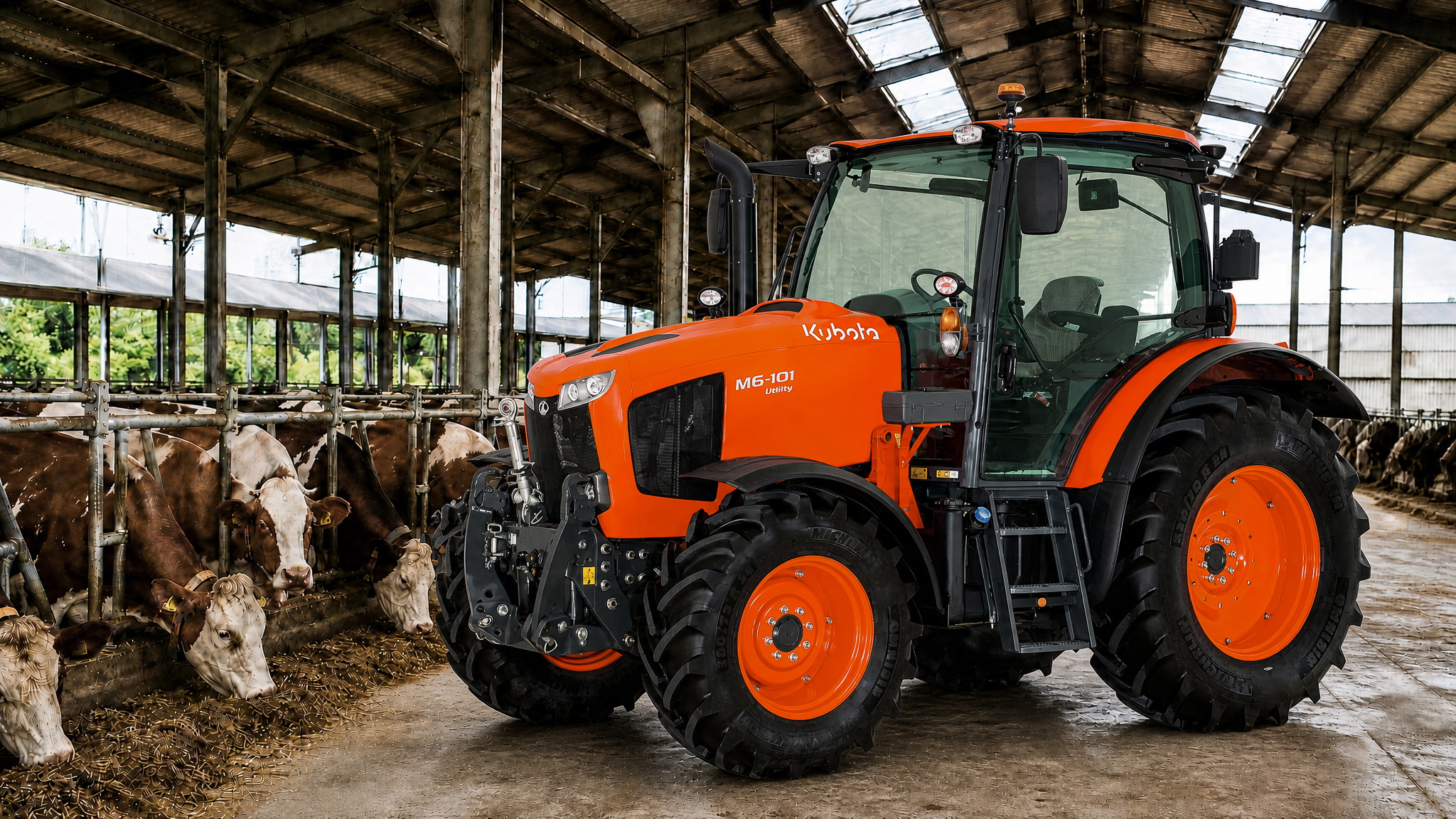 Traktor Kubota M6001 Utility v hale na farme